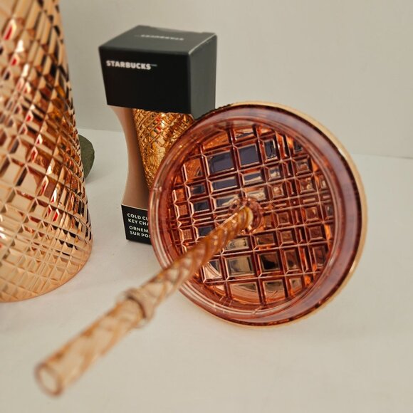 Starbucks 24 Oz Rose Gold Diamond Textured Tumbler & Keychain Cold Cup Ornament - Picture 4 of 10